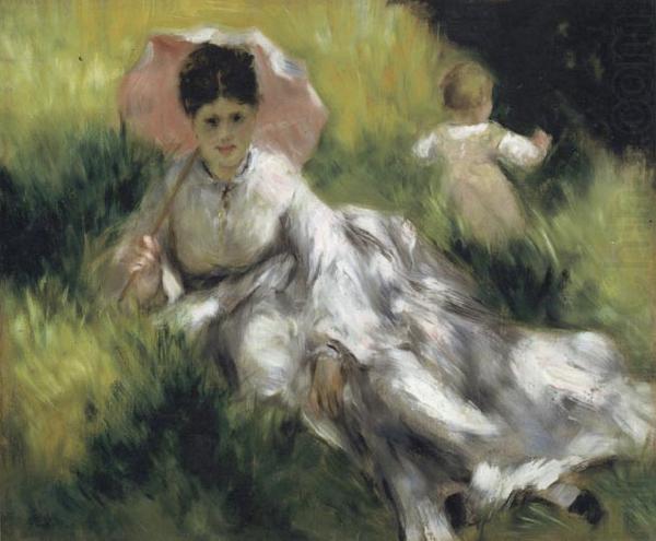Pierre Renoir Woman with a Parasol and Small Child on a Sunlit Hillside china oil painting image